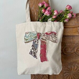 Repurposed quilt and canvas tote bag, farmers market bag with bow